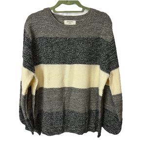 Zenana Colorblock Balloon Sleeve Knit Sweater Gray Black Cream Marled XL EUC